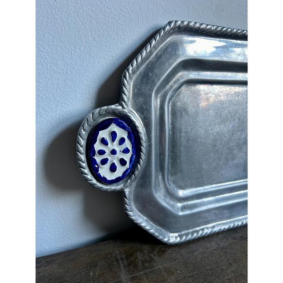 Vintage Solid Pewter Tray with Blue and White Ceramic Tile Accents | Farmhouse - Picture 2 of 5